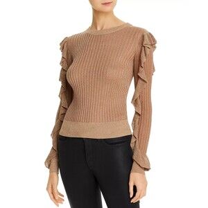 Joie Beza Shimmer Knit Sweater Gold Brown Metallic Ruffle Ribbed Top Size XS